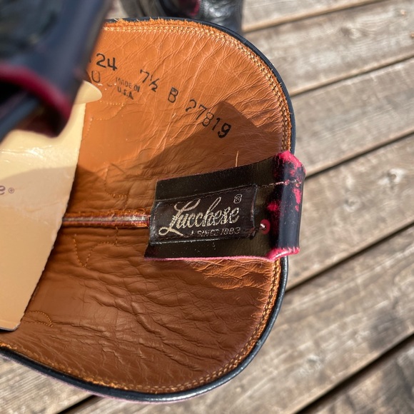 Ladies Lucchese boots. Black full-quill ostrich w/black cherry tops. 7 1/2 B. - Picture 6 of 7